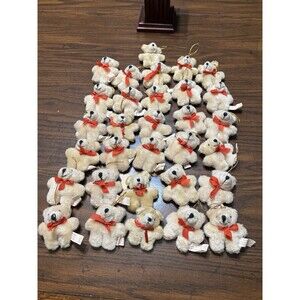 Vintage Lot Of 31 Plush Teddy Bear Ornaments With Red Ribbons Gold Hanging Loops